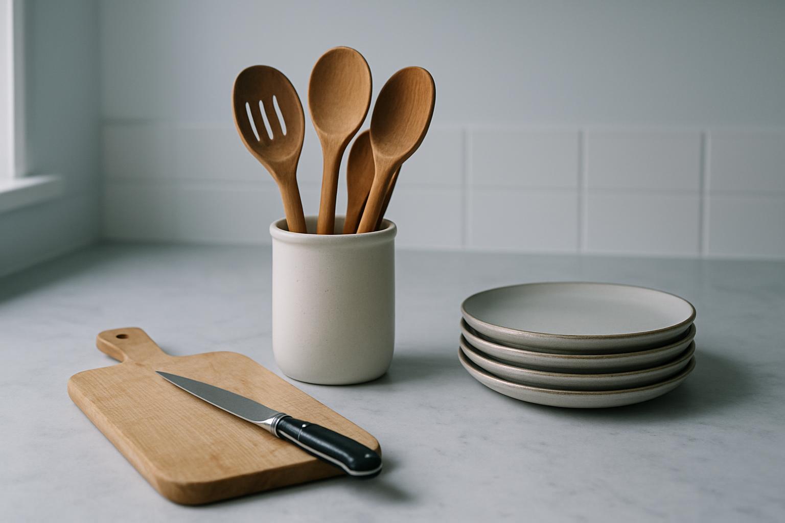 Kitchen bench with a cutting board, a crock of spoons and stacked plates